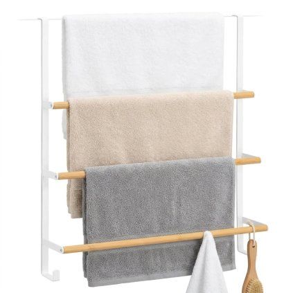 Věšák na ručníky na dveře, bílý kov, bambus, 51 x 13 x 56 cm
